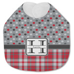 Red & Gray Dots and Plaid Jersey Knit Baby Bib w/ Name and Initial