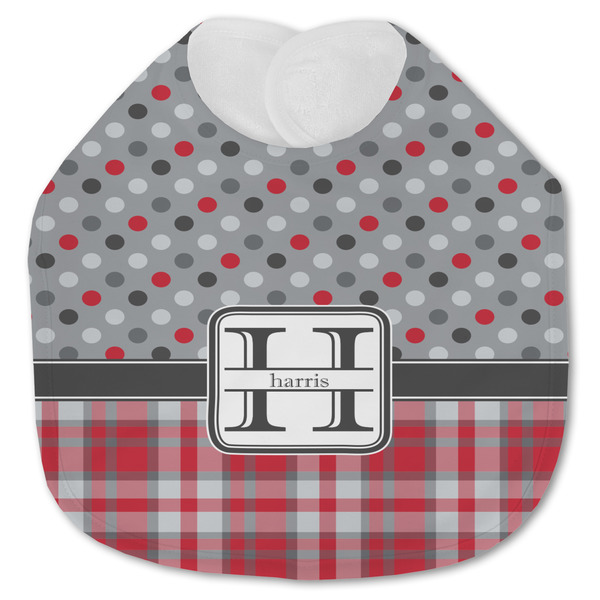 Custom Red & Gray Dots and Plaid Jersey Knit Baby Bib w/ Name and Initial