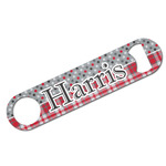 Red & Gray Dots and Plaid Bar Bottle Opener w/ Name and Initial