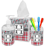 Red & Gray Dots and Plaid Acrylic Bathroom Accessories Set w/ Name and Initial