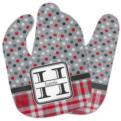 Red & Gray Dots and Plaid Baby Bib w/ Name and Initial