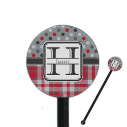Red & Gray Dots and Plaid 5.5" Round Plastic Stir Sticks - Black - Single Sided (Personalized)
