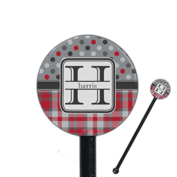 Custom Red & Gray Dots and Plaid 5.5" Round Plastic Stir Sticks - Black - Double Sided (Personalized)