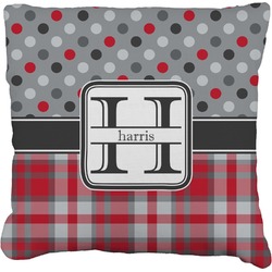 Red & Gray Dots and Plaid Faux-Linen Throw Pillow 18" (Personalized)