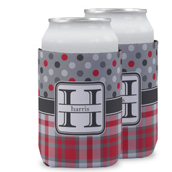 Red & Gray Dots and Plaid Can Cooler (12 oz) w/ Name and Initial