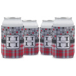 Red & Gray Dots and Plaid Can Cooler (12 oz) - Set of 4 w/ Name and Initial