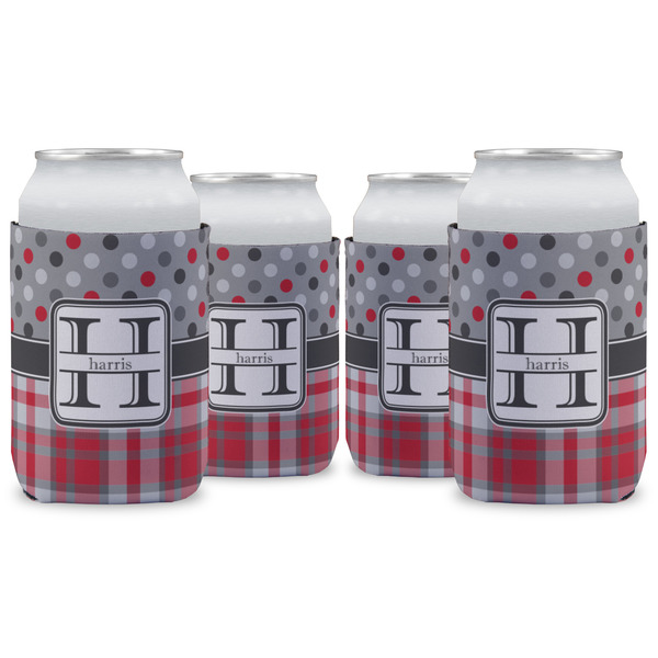 Custom Red & Gray Dots and Plaid Can Cooler (12 oz) - Set of 4 w/ Name and Initial