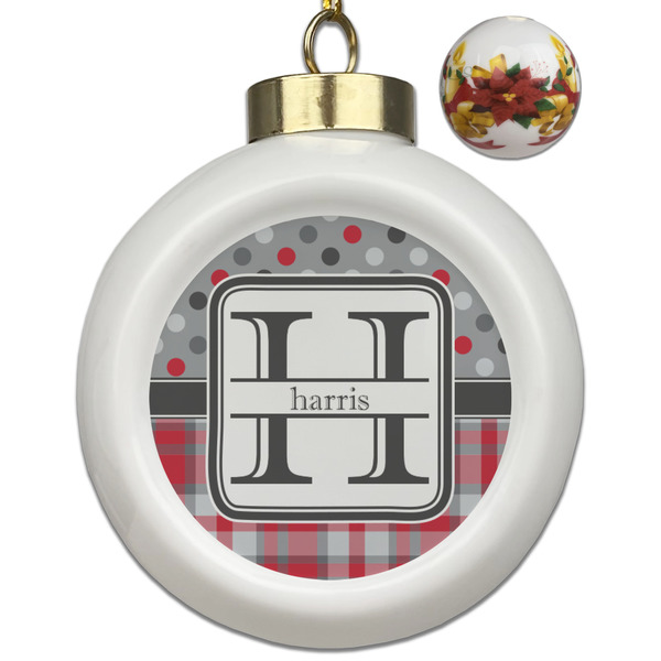 Custom Red & Gray Dots and Plaid Ceramic Ball Ornaments - Poinsettia Garland (Personalized)