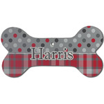 Red & Gray Dots and Plaid Ceramic Dog Ornament - Front w/ Name and Initial