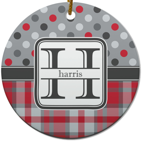 Custom Red & Gray Dots and Plaid Round Ceramic Ornament w/ Name and Initial