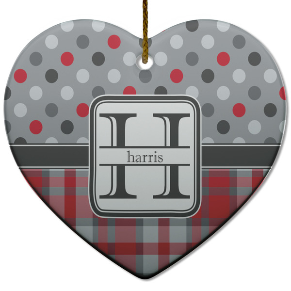 Custom Red & Gray Dots and Plaid Heart Ceramic Ornament w/ Name and Initial