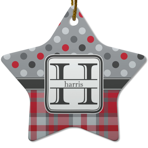 Custom Red & Gray Dots and Plaid Star Ceramic Ornament w/ Name and Initial