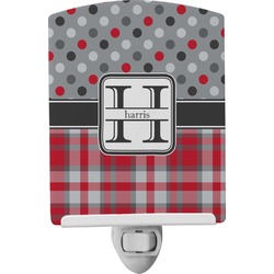 Red & Gray Dots and Plaid Ceramic Night Light (Personalized)