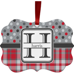 Red & Gray Dots and Plaid Metal Frame Ornament - Double Sided w/ Name and Initial
