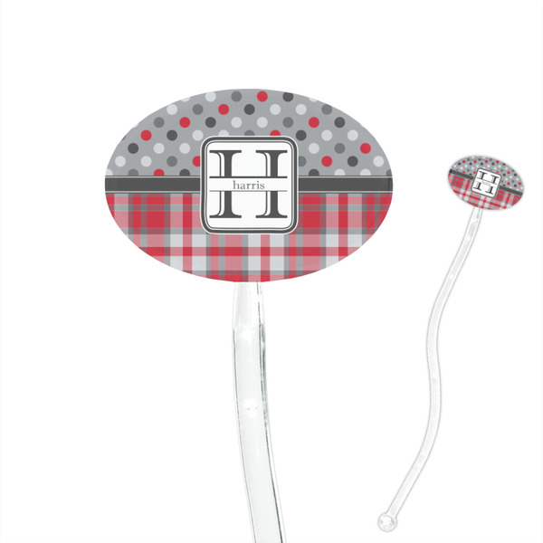 Custom Red & Gray Dots and Plaid 7" Oval Plastic Stir Sticks - Clear (Personalized)