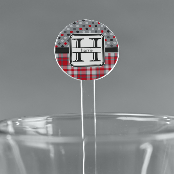 Custom Red & Gray Dots and Plaid 7" Round Plastic Stir Sticks - Clear (Personalized)