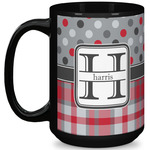 Red & Gray Dots and Plaid 15 Oz Coffee Mug - Black (Personalized)