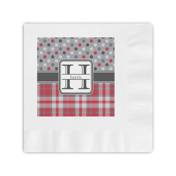 Custom Red & Gray Dots and Plaid Coined Cocktail Napkins (Personalized)