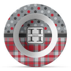 Red & Gray Dots and Plaid Plastic Bowl - Microwave Safe - Composite Polymer (Personalized)