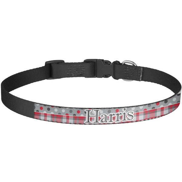 Custom Red & Gray Dots and Plaid Dog Collar - Large (Personalized)