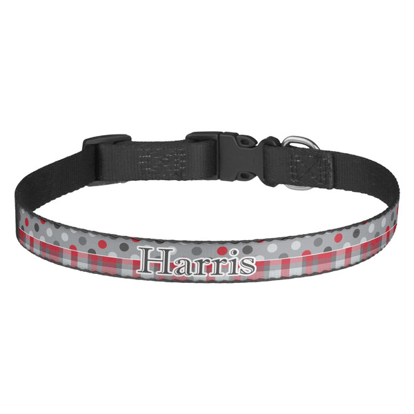 Custom Red & Gray Dots and Plaid Dog Collar - Medium (Personalized)