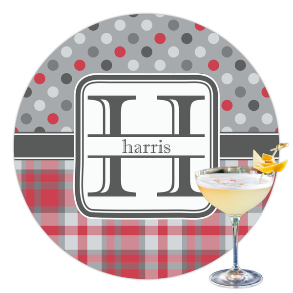 Custom Red & Gray Dots and Plaid Printed Drink Topper - 3.5" (Personalized)