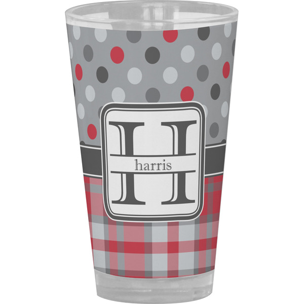 Custom Red & Gray Dots and Plaid Pint Glass - Full Color (Personalized)