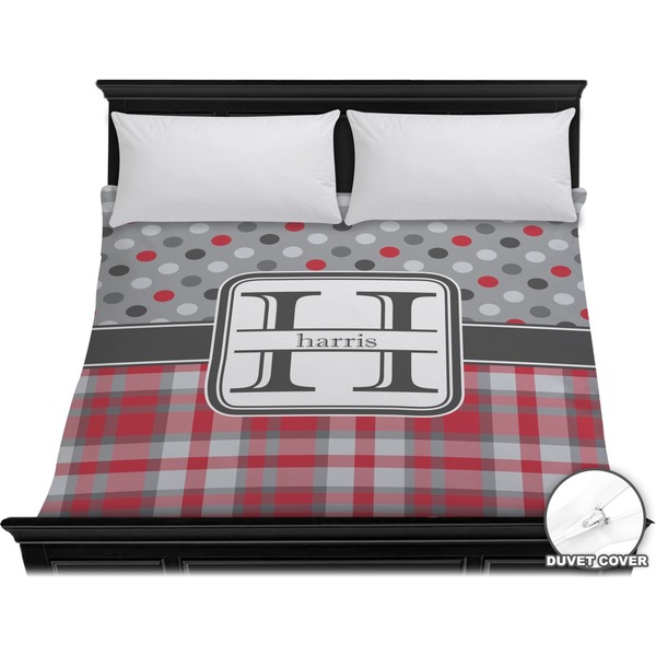 Custom Red & Gray Dots and Plaid Duvet Cover - King (Personalized)