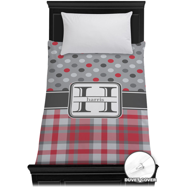 Custom Red & Gray Dots and Plaid Duvet Cover - Twin XL (Personalized)