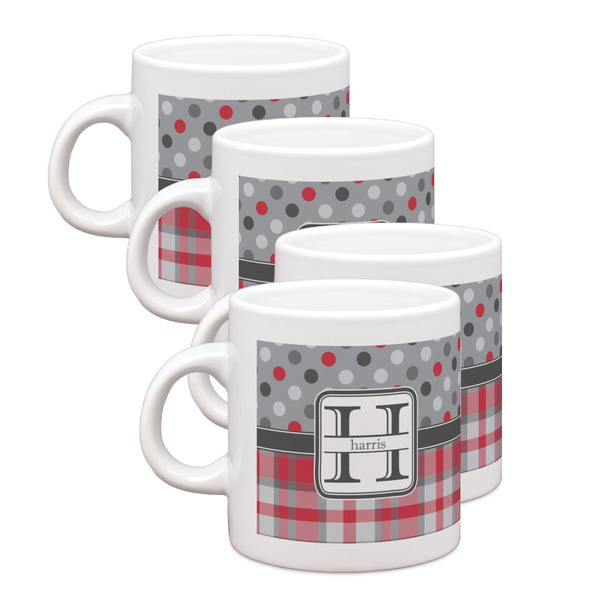 Custom Red & Gray Dots and Plaid Single Shot Espresso Cups - Set of 4 (Personalized)