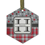 Red & Gray Dots and Plaid Flat Glass Ornament - Hexagon w/ Name and Initial