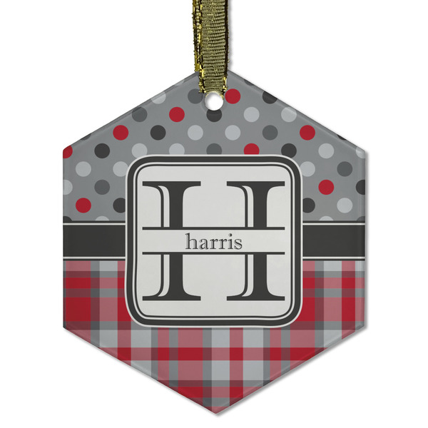 Custom Red & Gray Dots and Plaid Flat Glass Ornament - Hexagon w/ Name and Initial