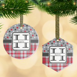 Red & Gray Dots and Plaid Flat Glass Ornament w/ Name and Initial