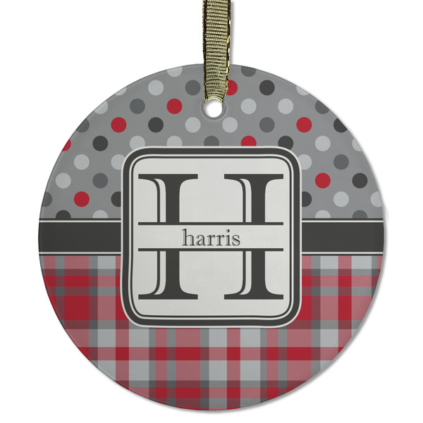 Custom Red & Gray Dots and Plaid Flat Glass Ornament - Round w/ Name and Initial