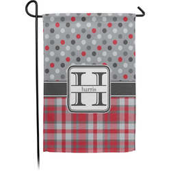 Red & Gray Dots and Plaid Small Garden Flag - Single Sided w/ Name and Initial