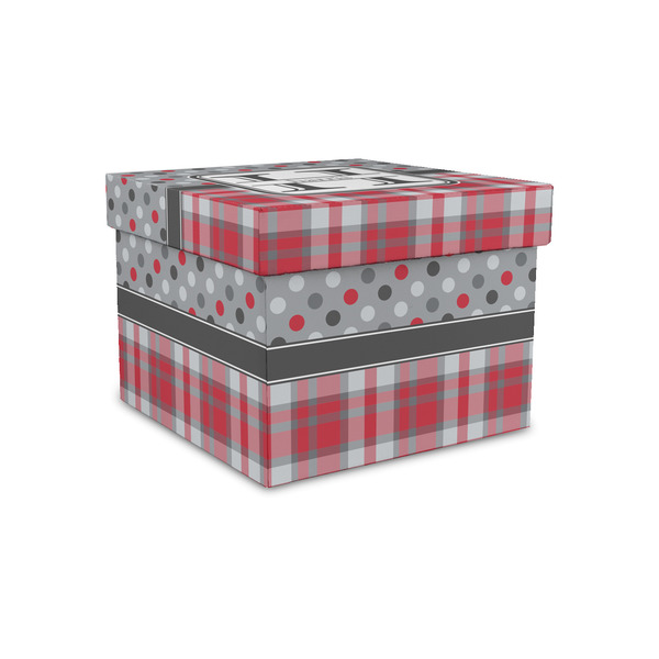 Custom Red & Gray Dots and Plaid Gift Box with Lid - Canvas Wrapped - Small (Personalized)