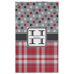 Red & Gray Dots and Plaid Golf Towel - Poly-Cotton Blend w/ Name and Initial