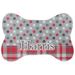 Red & Gray Dots and Plaid Bone Shaped Dog Food Mat (Personalized)