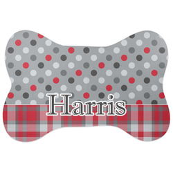 Red & Gray Dots and Plaid Bone Shaped Dog Food Mat (Large) (Personalized)