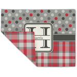 Red & Gray Dots and Plaid Double-Sided Linen Placemat - Single w/ Name and Initial