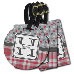 Red & Gray Dots and Plaid Plastic Luggage Tag (Personalized)