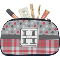 Red & Gray Dots and Plaid Makeup / Cosmetic Bag - Medium (Personalized)