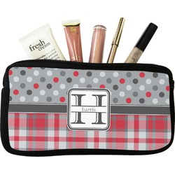 Red & Gray Dots and Plaid Makeup / Cosmetic Bag - Small (Personalized)