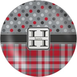 Red & Gray Dots and Plaid Melamine Plate (Personalized)