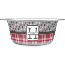 Red & Gray Dots and Plaid Stainless Steel Dog Bowl - Medium (Personalized)