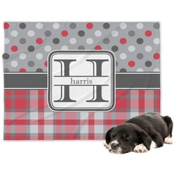 Red & Gray Dots and Plaid Dog Blanket - Large (Personalized)