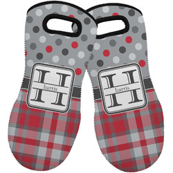Red & Gray Dots and Plaid Neoprene Oven Mitts - Set of 2 w/ Name and Initial
