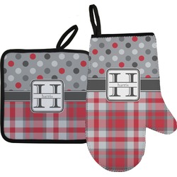 Red & Gray Dots and Plaid Right Oven Mitt & Pot Holder Set w/ Name and Initial