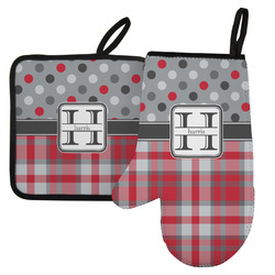 Red & Gray Dots and Plaid Left Oven Mitt & Pot Holder Set w/ Name and Initial