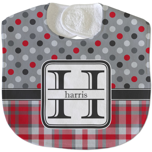 Custom Red & Gray Dots and Plaid Velour Baby Bib w/ Name and Initial